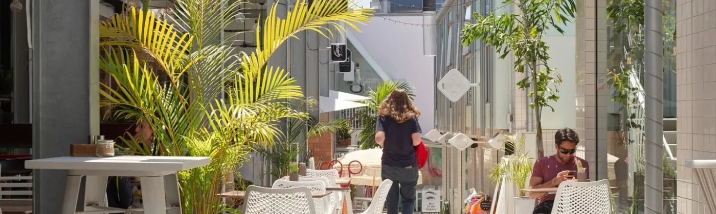 person standing and other sitting in California Lane
