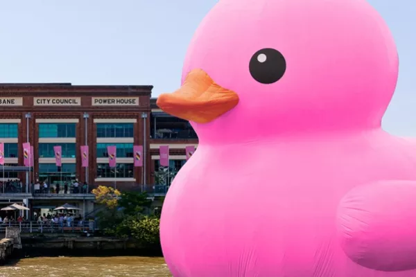 Melt pink rubber duck in river in front of the Powerhouse