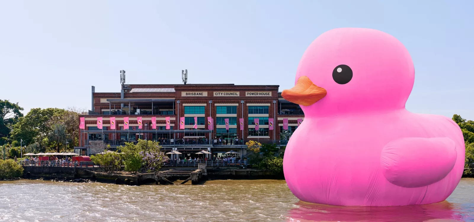 large pink rubber duck on brisbane river infront of the Powerhouse