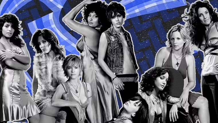70's inspired image in black and white with blue neon lights in backgroun