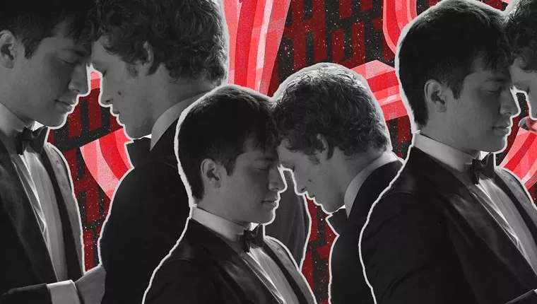 group of men in suits, with red neon lights as background